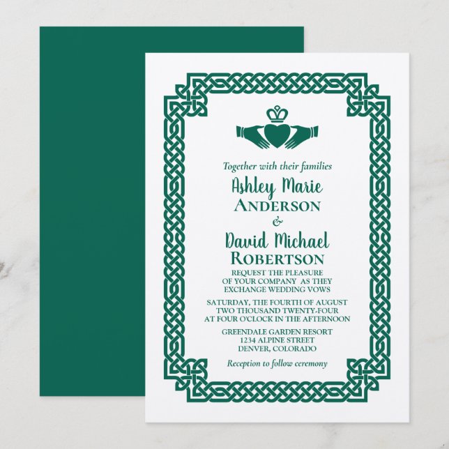 Invitación Boda de Knot Claddagh, célebre verde esmeralda (Anverso / Reverso)