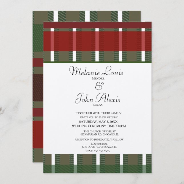 Invitación Boda de Kraft blanco verde burdeos moderno (Anverso / Reverso)