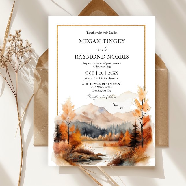 Invitación Boda de la acuarela de la montaña otoño en Lakesid (Subido por el creador)