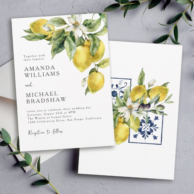 Invitación Boda de la acuarela del Boho ruso Lemons Citrus (Available in both printed and digital download formats.)