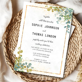 Invitación Boda de la acuarela del eucalipto verde y dorado