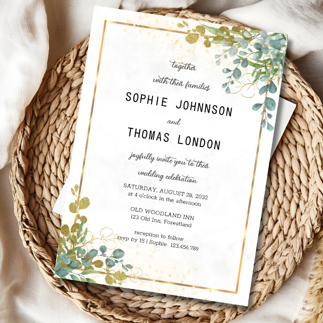 Invitación Boda de la acuarela del eucalipto verde y dorado (Subido por el creador)