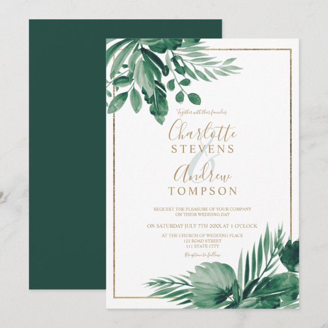 Invitación Boda de la acuarela floral de la palma de vegetaci (Anverso / Reverso)
