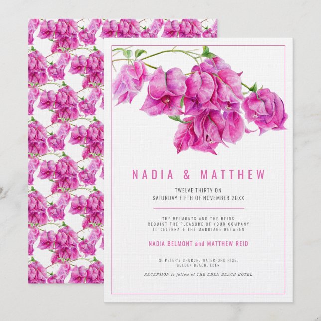 Invitación Boda de la acuarela púrpura rosa buganvillas (Anverso / Reverso)
