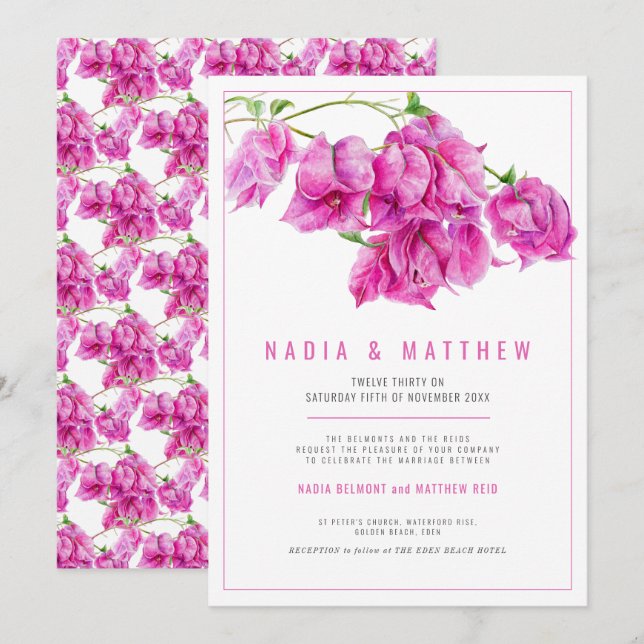 Invitación Boda de la acuarela púrpura rosa buganvillas (Anverso / Reverso)