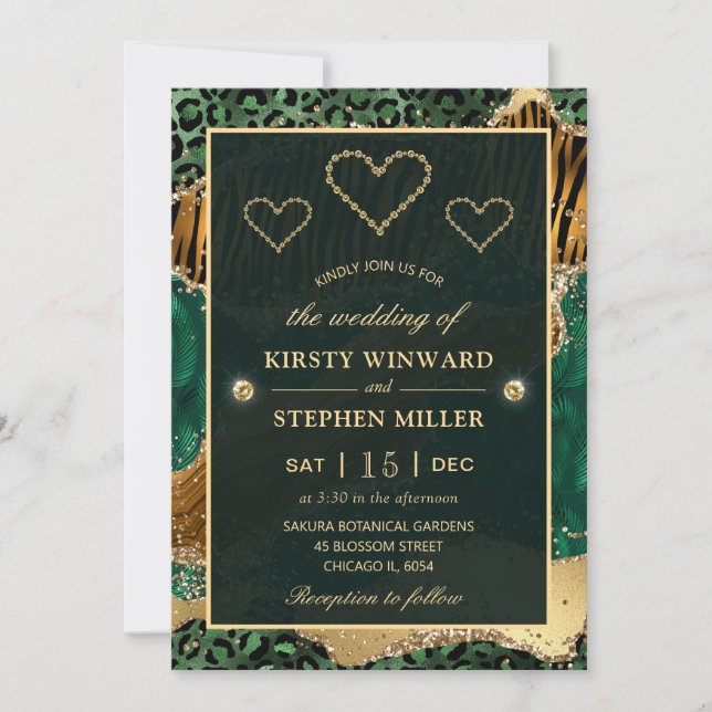 Invitación Boda de la agata de safari verde y dorado (Anverso)