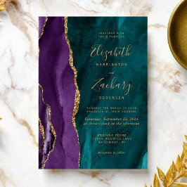 Invitación Boda de la Agate de Oro Verde azulado Púrpura Mode