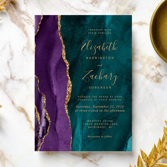 Invitación Boda de la Agate de Oro Verde azulado Púrpura Mode (An elegant choice for a wedding with a purple and teal color palette.)