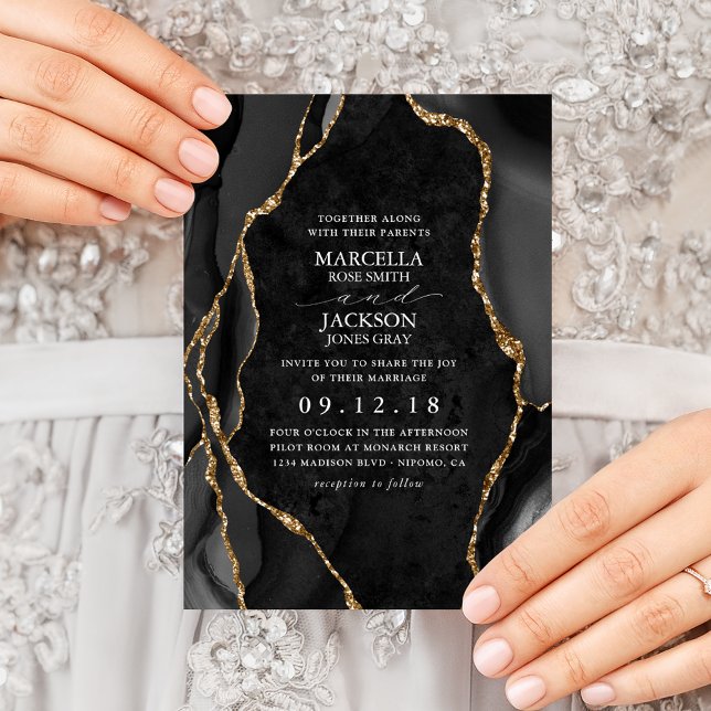 Invitación Boda de la aglomeración de oro de mármol negro (Subido por el creador)