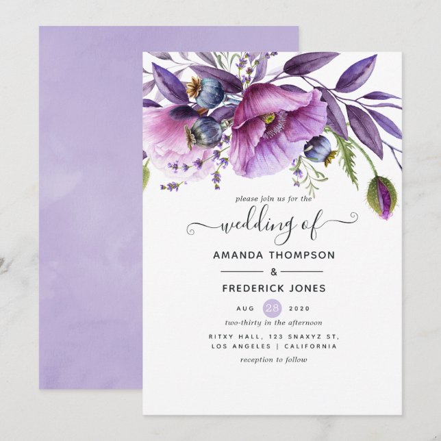 Invitación Boda de la amapola violeta pastel (Anverso / Reverso)