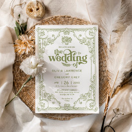 Invitación Boda de la Antigüedad Verde de la Oliva Vintage