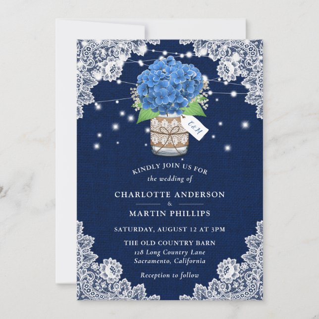 Invitación Boda de la Arena Azul Burlap Hidrangea (Anverso)