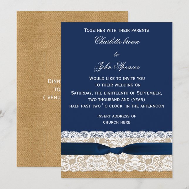 Invitación Boda de la Armada de Burlap y Lace (Anverso / Reverso)