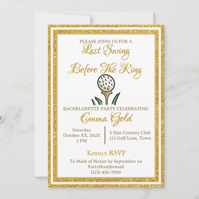 Invitación Boda de la Bachelorette Golf Purpurina de oro Blan (Anverso)