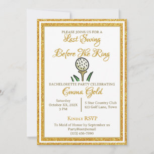 Invitación Boda de la Bachelorette Golf Purpurina de oro Blan