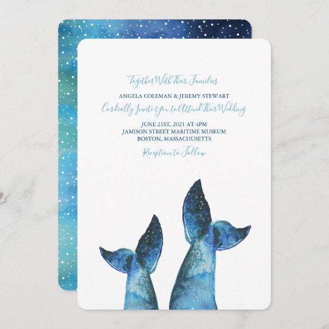 Invitación Boda de la ballena azul acuarela (Anverso / Reverso)
