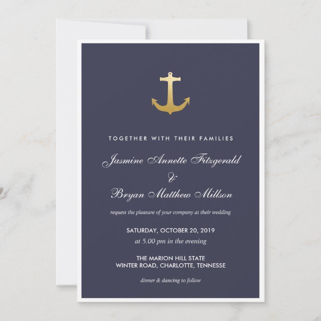 Invitación Boda de la bandera azul del Relieve metalizado dor (Anverso)