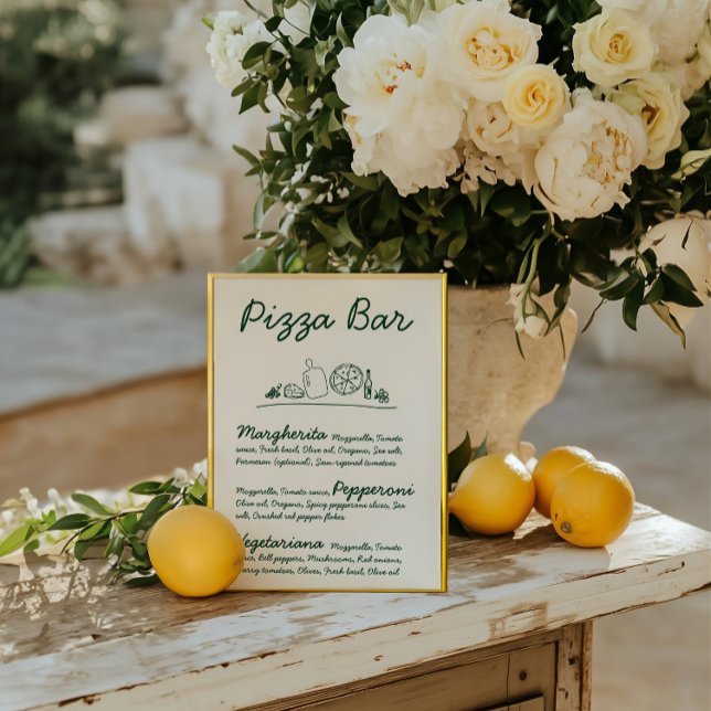 Invitación Boda de la barra de pizza dibujada a mano Retro Ró (Retro Hand-Drawn Pizza Bar Wedding Tabletop Sign
)