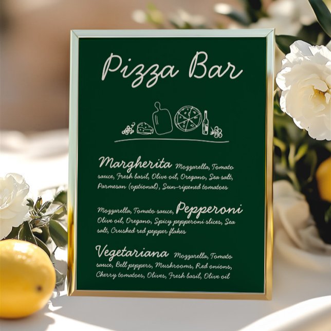 Invitación Boda de la barra de pizza dibujada a mano verde Ró (Green Hand-Drawn Pizza Bar Wedding Tabletop Sign )