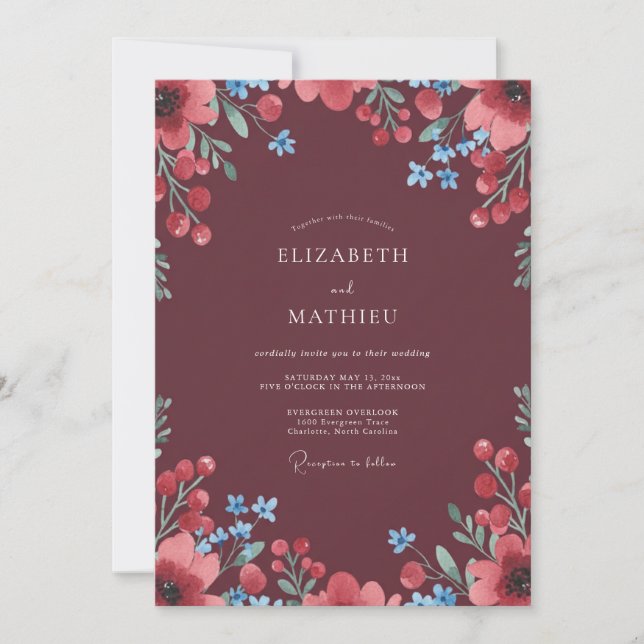 Invitación Boda de la baya de amapola granate (Anverso)