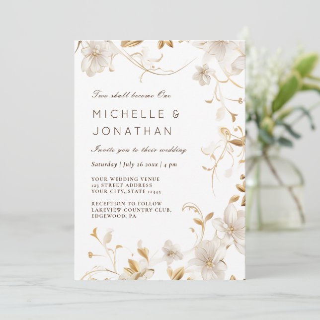Invitación Boda de la Biblia Cristiana Floral Tan Blanco Mode (Anverso de pie)