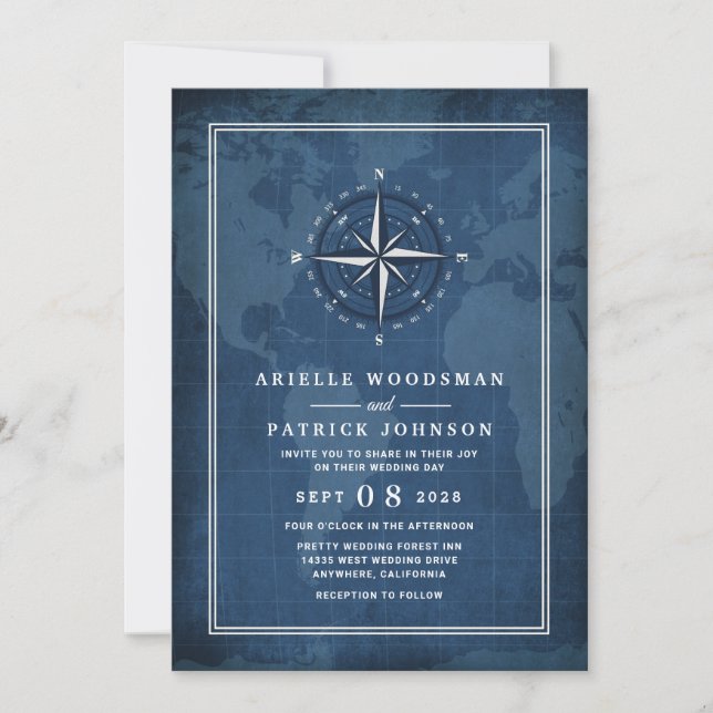 Invitación Boda de la brújula azul y blanca de la Marina Náut (Anverso)
