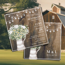 Invitación Boda de la cadena de flores blancas de madera rúst