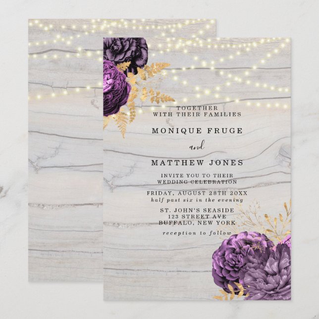 Invitación Boda De La Cadena De Madera Morada Floral (Anverso / Reverso)