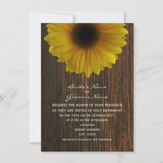 Invitación Boda de la caída del girasol amarillo y la madera  (Anverso)