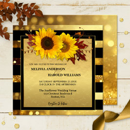 Invitación Boda de la caída del girasol rayado negro de oro