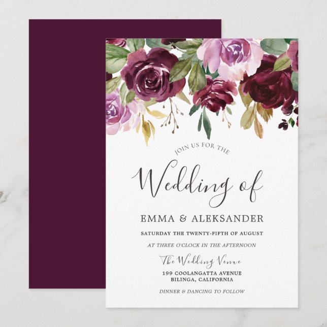 Invitación Boda de la Caída Floral de Borgoña Berry & Lilac (Anverso / Reverso)