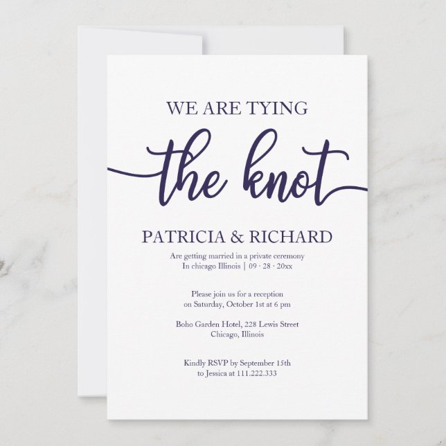 Invitación Boda de la caligrafía blanca azul de la marina de  (Anverso)