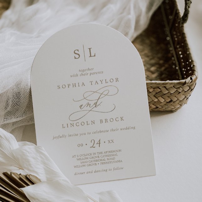 Invitación Boda de la caligrafía de oro romántico (Romantic Gold Calligraphy Monogram Arch Wedding Invitation)