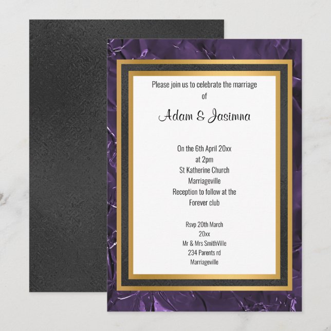 INVITACIÓN BODA DE LA CAPA DE ORO NEGRO CLÁSICA REGAL PURPLE (Anverso / Reverso)