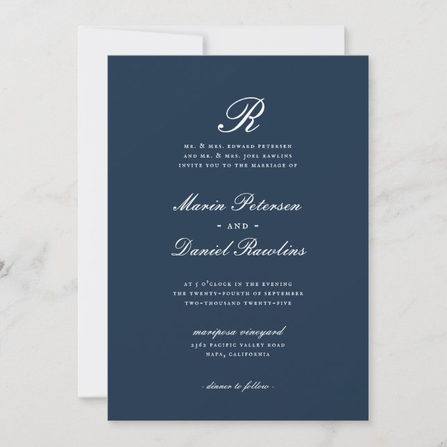 Invitación Boda de la carta inicial clásica elegante de apell (Anverso)