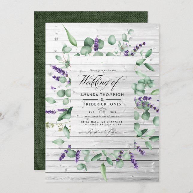 Invitación Boda de la casa de campo rústica Eucalyptus Lavend (Anverso / Reverso)