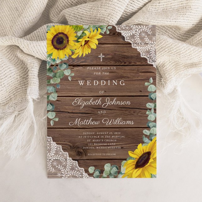 Invitación Boda de la Casa de los Lados de Giro Rústico Relig (Religious Rustic Sunflower Lace Barn Wedding Invitation)