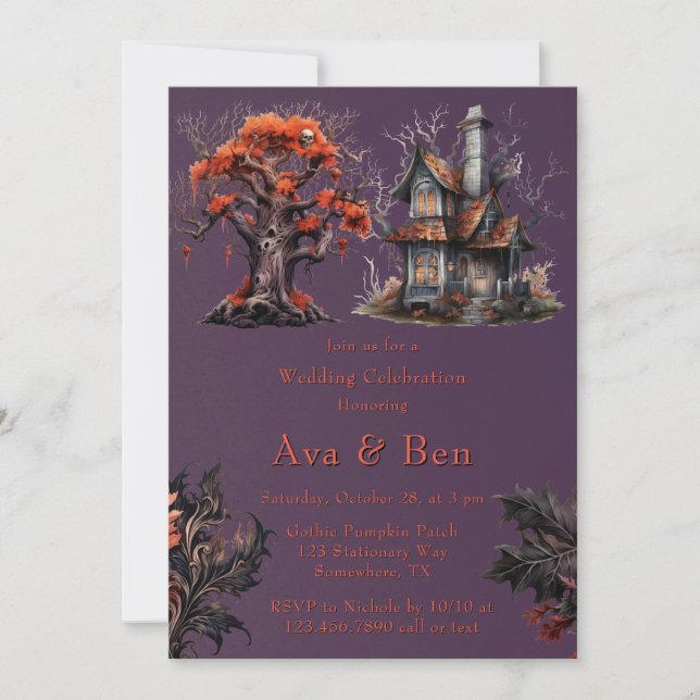 Invitación Boda de la Casa Gótico Purple Haunted (Anverso)