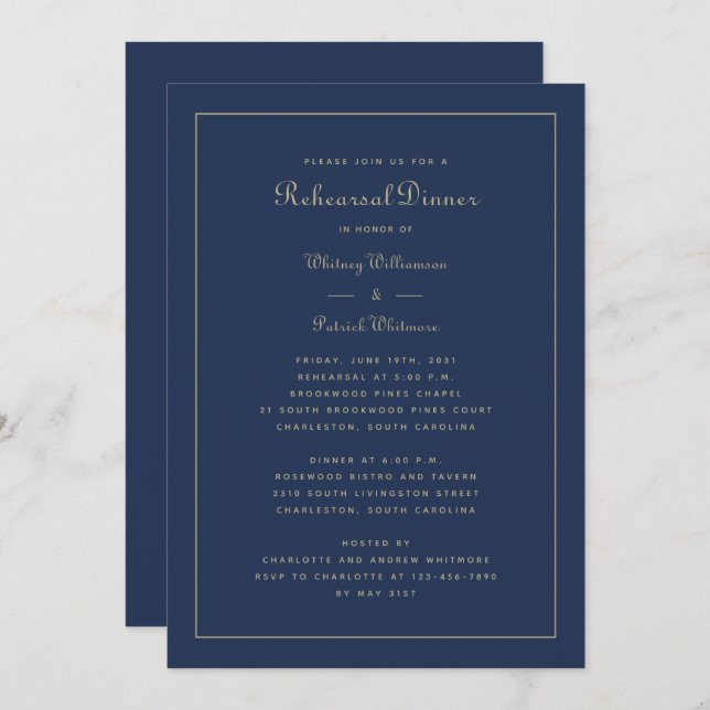 Invitación Boda de la cena de ensayo Elegante Marina Oro Azul (Anverso / Reverso)