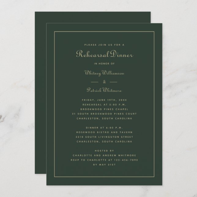 Invitación Boda de la cena de ensayo Emerald Green y Gold (Anverso / Reverso)