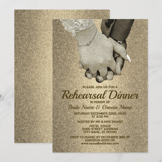 Invitación Boda de la cena de ensayo Purpurina de oro elegant (Anverso / Reverso)