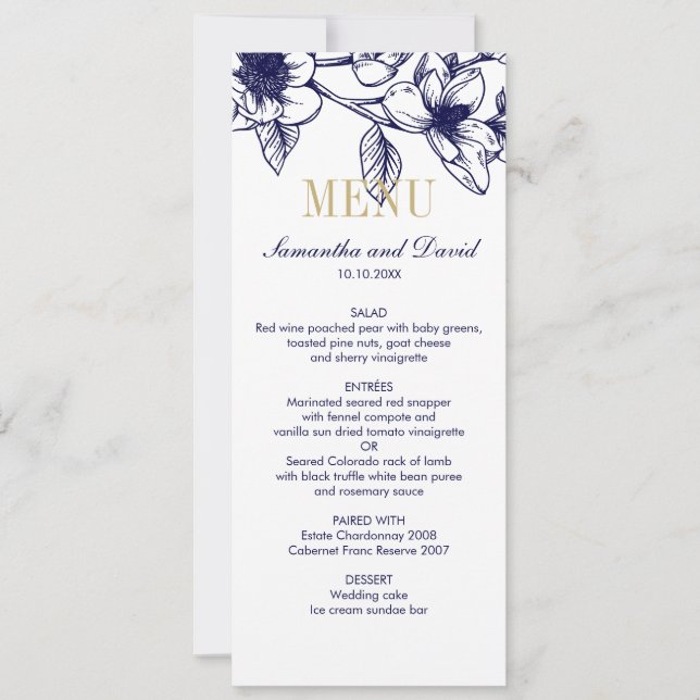 Invitación Boda de la cena de la Marina Blue Gold Magnolia co (Anverso)