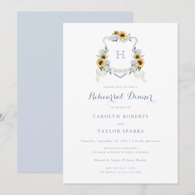 Invitación Boda de la cena de Sunflower Hydrangea Escudo (Anverso / Reverso)