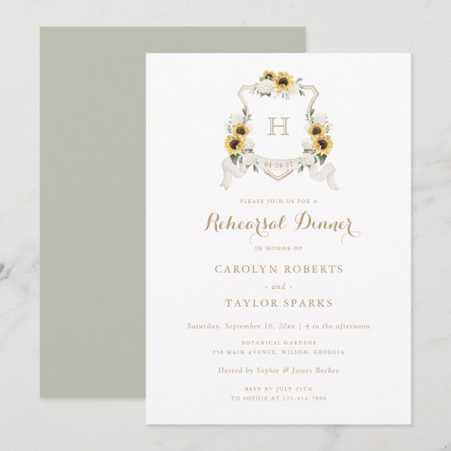 Invitación Boda de la cena de Sunflower Hydrangea Escudo (Anverso / Reverso)