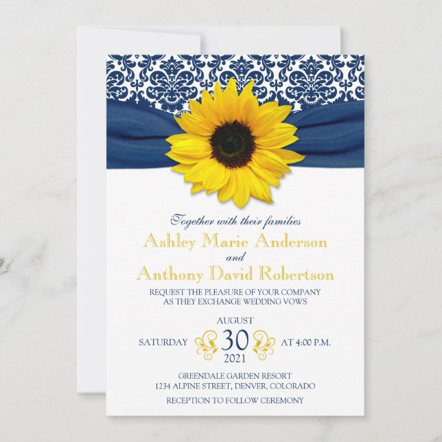 Invitación Boda de la cinta azul de la marina de girasol amar (Anverso)
