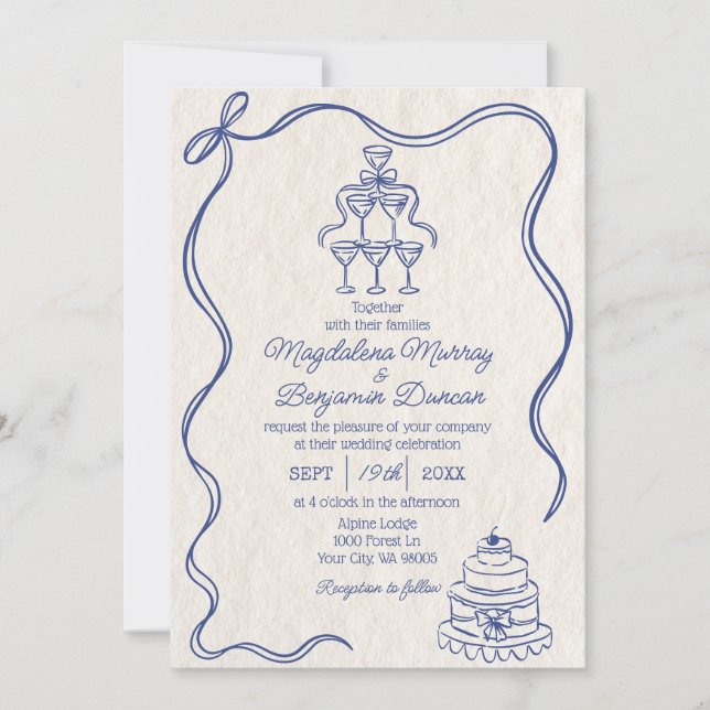 Invitación Boda de la cinta de cinta retro azul dibujada a la (Anverso)