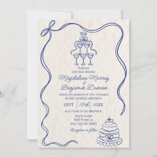 Invitación Boda de la cinta de cinta retro azul dibujada a la