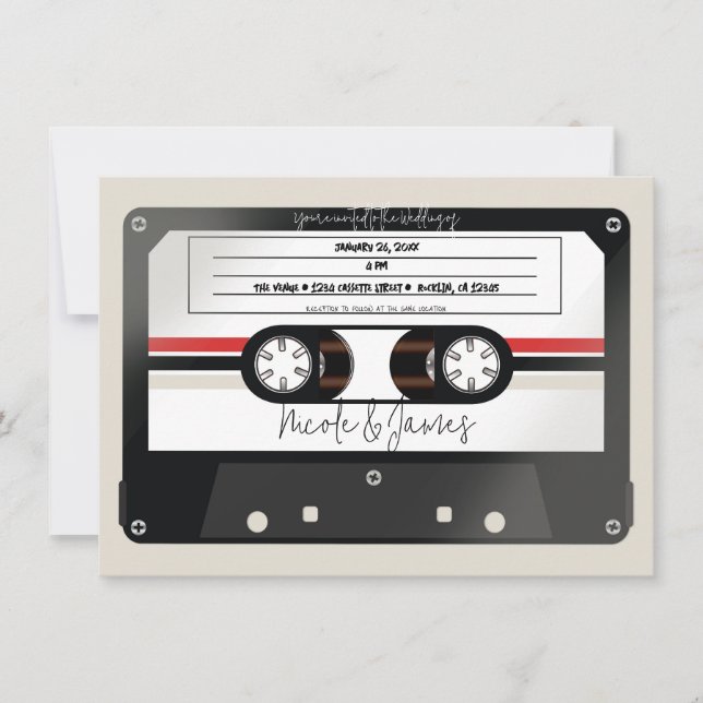 Invitación Boda de la cinta retro cassette Beige Gray 80's 90 (Anverso)