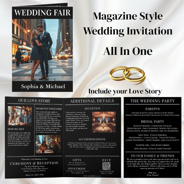 Invitación Boda de la ciudad de cubierta de la revista (Magazine Cover City Wedding  Invitation All in One)