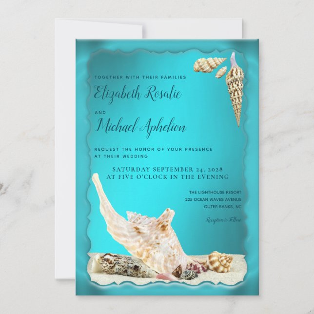 Invitación Boda de la concha turquesa de agua azul verde azul (Anverso)